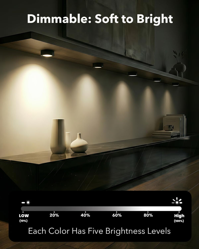 Rechargeable Under Cabinet Puck Lights with Remote Control, Black 2400mAh Battery Operated Push Button Light Stick On Magnetic Tap Lights Wireless Color Changing Touch Light for Closet Kitchen Counter 8 RGBCW