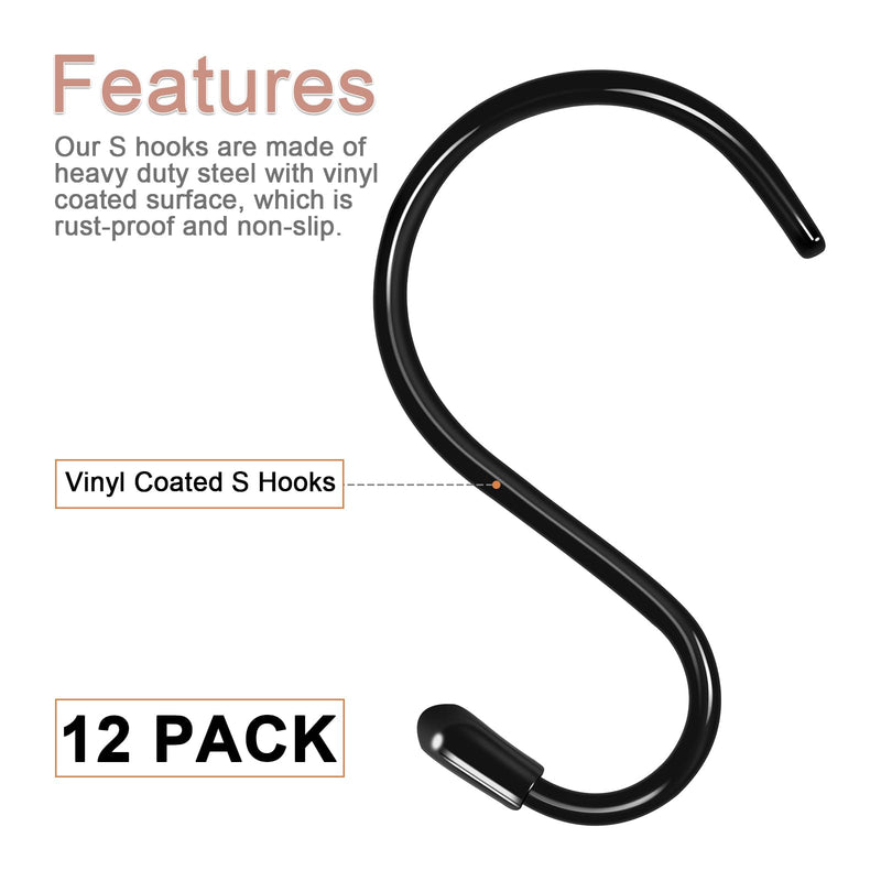 12 Pack 4 inch S Hooks for Hanging Heavy Duty, Large Vinyl Coated Closet S Hooks Non Slip Metal S Hooks for Hanging Kitchen Utensil Pot Pan Cups Clothes Jeans Towels Hats Bags Plants (Black) Black
