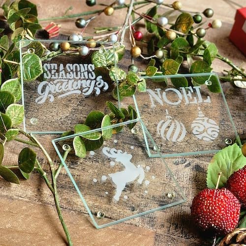 Over'N'Over Reusable Glass Etching Stencils – Durable Self-Stick Designs for Glass, Mirrors, and Ceramics with Armour Etch Cream – 5” x 8” Stencil Sheet - Christmas Ornaments 2