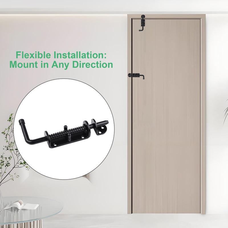 2-Pack 8.5-Inch Spring Loaded Latch Pin, Heavy Duty Barrel Bolt for Shed Doors, Wood & Metal Gates, Solid Steel Security Lock, Black