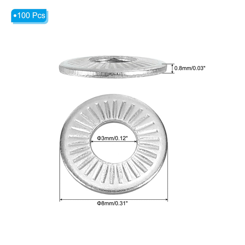 PATIKIL 304 Stainless Steel Flat Washers, 100 Pack M3x8mm Belleville Spring Disc Washer Conical Knurled Metric Gasket for Automotive Industrial Construction
