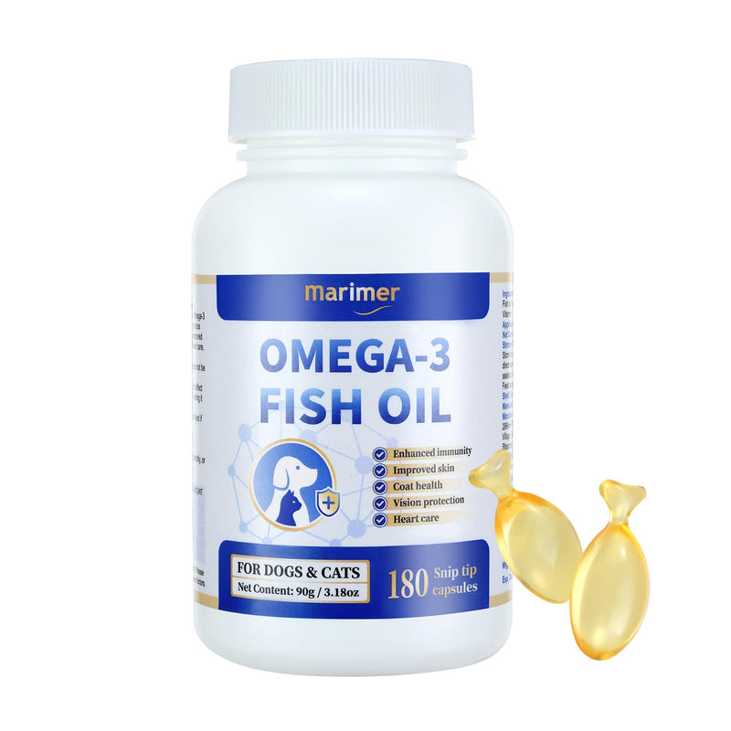 MARIMER Snip Tips Omega-3 Fish Oil for Cats for Dogs – EPA & DHA with Vitamin E – Liquid Soft Gels You Can Snip & Pour – Supports Heart, Skin, Coat, Joint & Immune Health – 180 Softgels