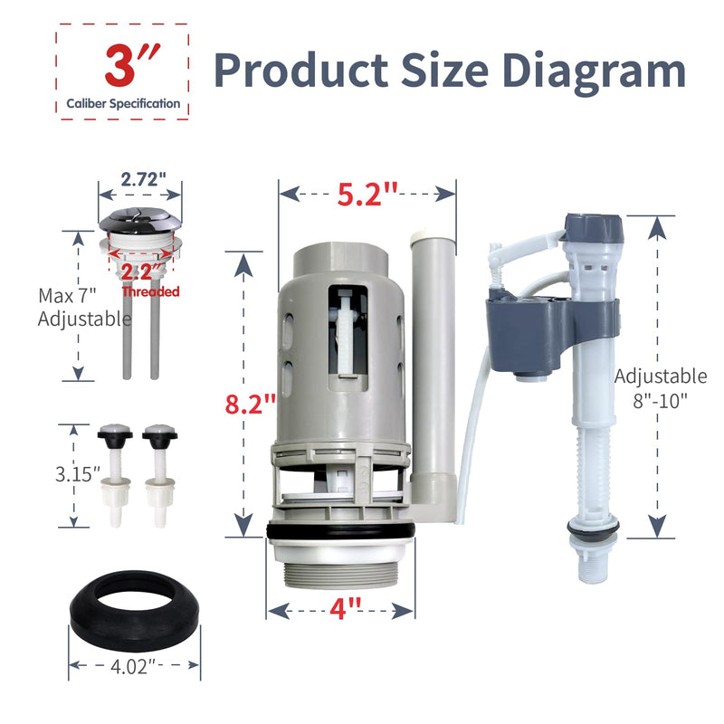 3-Inch Dual Flush Valve Replacement Kit for 2-Piece Toilets Fits 3-inch drain holes