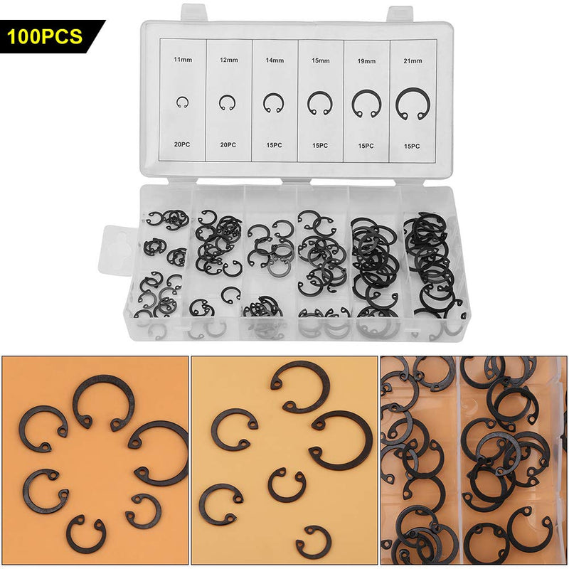 Bordstract External Retaining Rings Assortment Kit, 100Pcs Snap Rings Circlip Set 6 Sizes from 11mm to 21mm for Grooved Shafts Pins Studs and More