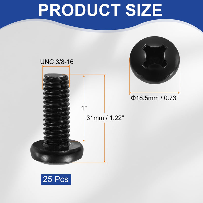 PATIKIL 3/8-16 x 1 Pan Head Machine Screws, 25 Pcs 304 Stainless Steel Round Head Screws for Cabinet Drawer Knob Pull Handle, Phillips Drive, Fully Threaded, Black Oxidation 3/8-16 x 1"