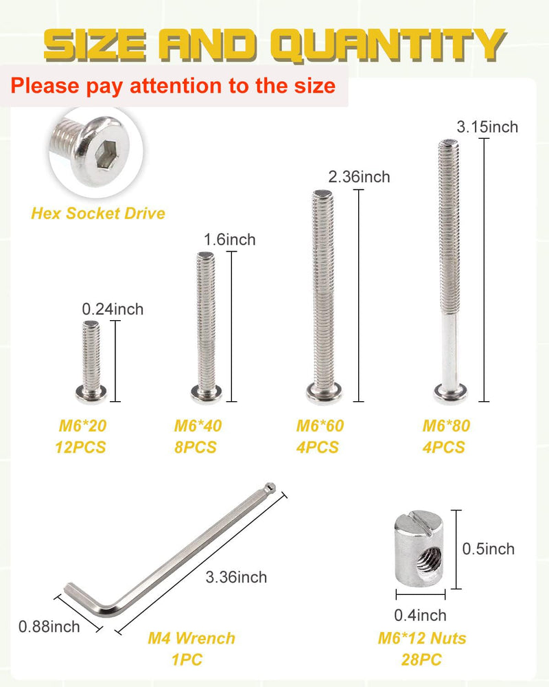Crib Screws Hardware Replacement Kit - 28 Set Baby Bed Frame Bolts &Barrel Nuts Set,M6x20/40/60/80 mm Hex Drive Socket Cap Screws Barrel Nuts Silver 28Set-M6*20/40/60/80