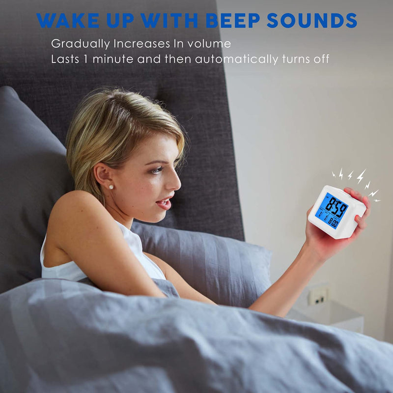 Plumeet Easy to Set Digital Travel Alarm Clock, Snooze Function, Soft Night Light, Large Screen time and Month and Date Display and Alarm, Progressive Sound Alarm and Handy Size (White) White