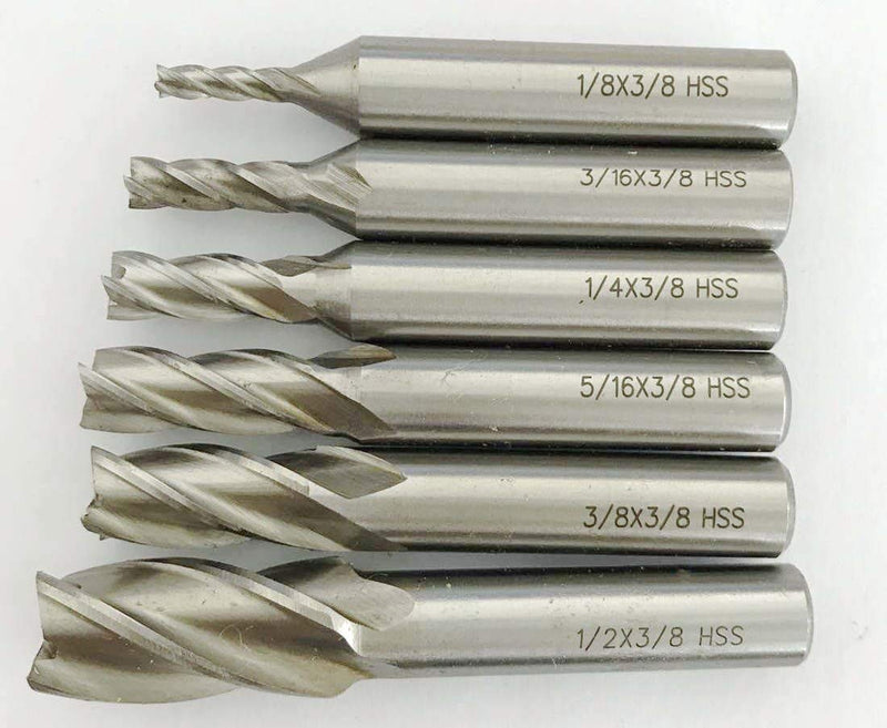 Single End 4 Flute Center Cutting End Mill 6PCS Set 1/8",3/16",1/4",5/16",3/8",1/2" with 3/8" Shank with Plastic Stand