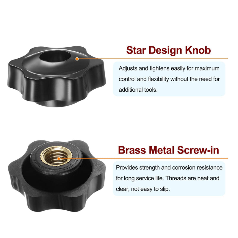 HARFINGTON 4pcs Star Knobs M10 Female Thread 38mm Head Plastic Through Hole Brass Screw-in Clamping Handles Threaded Hand Knobs, Black M10 x 38mm