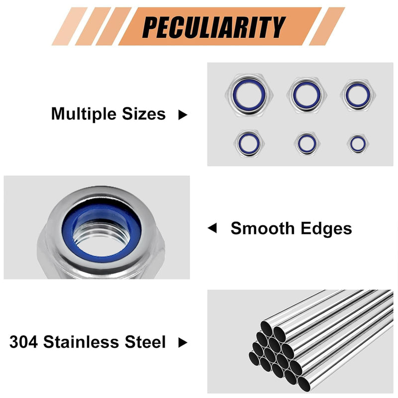145 PCS Nylon Insert Locknut Assortment Kit, Metric M3-M12, 304 (A2-70) Stainless Steel Lock Nuts, Hex Nut Set for Industrial and Home Use