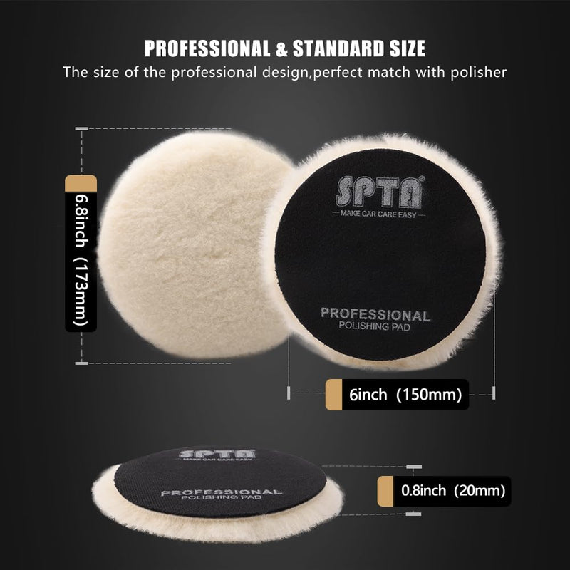 SPTA Wool Buffing Polishing Pads, 3Pcs 6 Inch (150mm) Wool Cutting Pad, Wool Compounding Pad, Buffing and Polishing Pads for 6 Inch Car Polisher Compounding, Polishing, Buffing 150mm