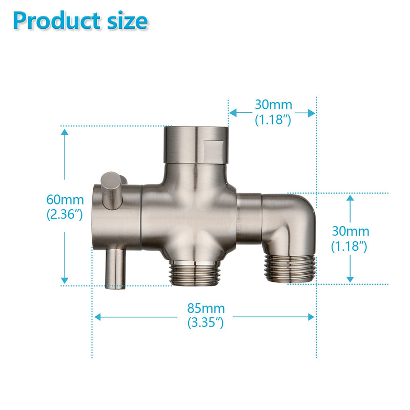 PDPBath Brass 3 Way Shower Arm Diverter Valve for Handheld Shower Head and Fixed Shower Head, G1/2 Universal Connection - Brushed Nickle Brushed Nickel