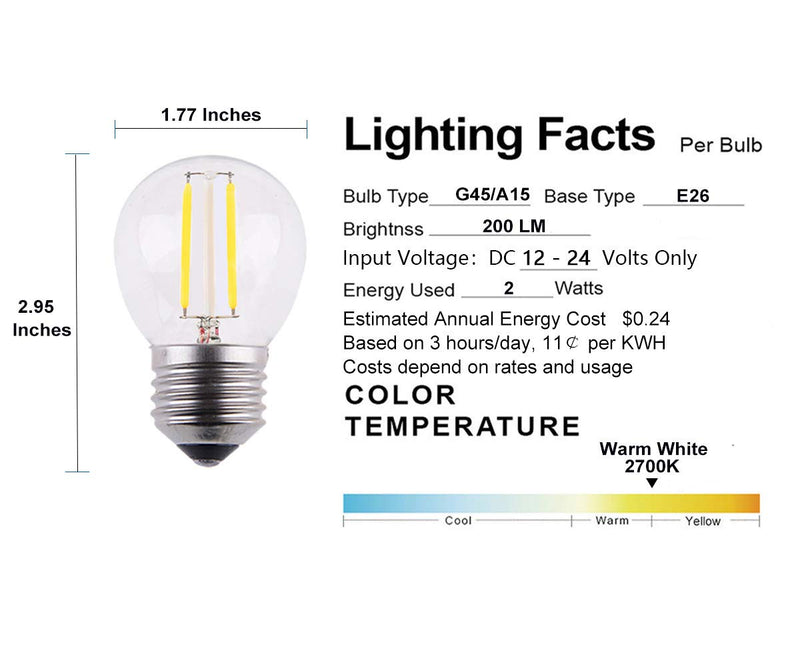 Low Voltage Mini Globe LED Bulb, AC 12V / DC 12V Input, 2W 200Lm, Dimmable with 12V DC Dimmer, E26 Base, Warm White Light, 25W Incandescent Replacement, for 12 Volt Power Grid, 6-Pack 2w-12 Volt-6 Pack