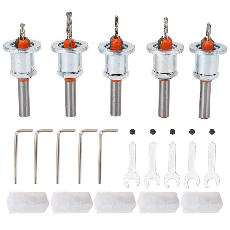 Countersink Drill Bit Set, Adjustable Depth Stop Alloy Steel Excellent Cutting Capability Prevents Clogging Multiple Uses 5 Piece Set
