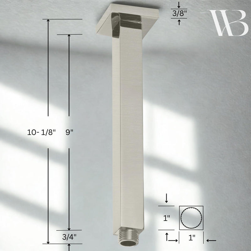 Westbrass A3609S-07 1/2" IPS x 9" Square Ceiling Mount Shower Arm & Flange, Satin Nickel