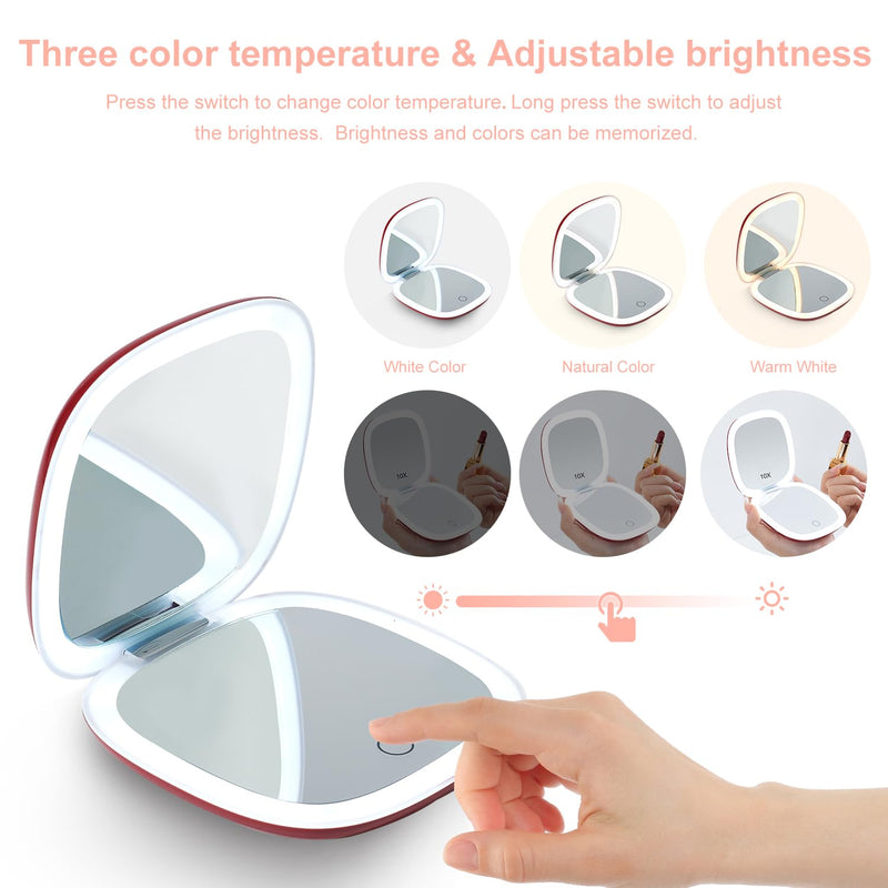 Mocado Compact LED Travel Makeup Mirror - 4 Inches 1X/10X Magnification Travel Mirror with Light Dimmable Double Sides Lighted USB Rechargeable Compact Mirror for Purse,Pocket,Travel(Wine Red) Wine Red