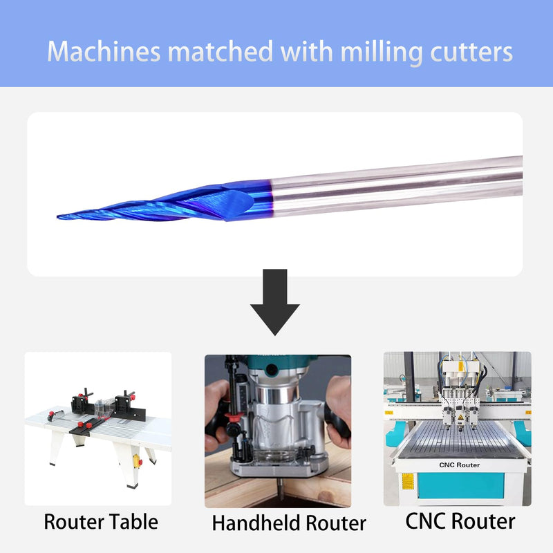 Tapered Ball Nose End Mills 1/4" Shank, 1/32" Cutting Diameter, 6.2 Degree, Solid Carbide CNC Router Bits wiith Nano Coated for 2D/3D Milling Engraving Carving BRB362 6.2Deg