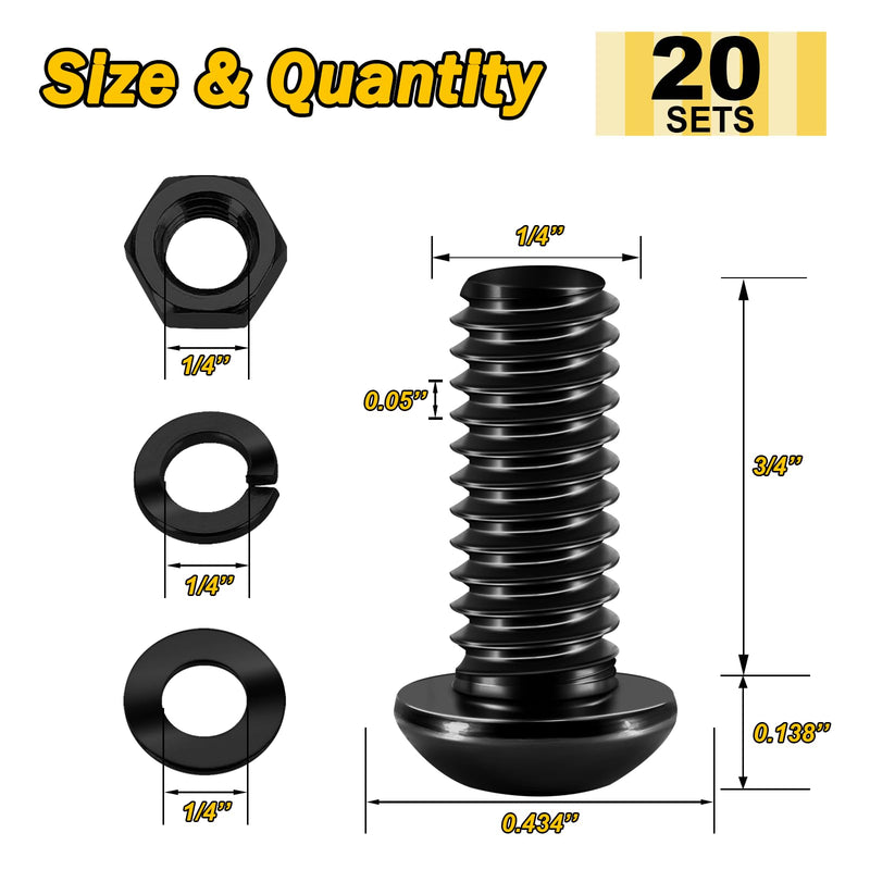 (20Sets) 1/4-20 Bolt x 3/4" Button Head Socket Cap Bolts Screws, Black Oxide 304 Stainless Steel Nuts and Bolts, 18-8 Allen Screws, Nuts and Bolts Assortment Kit, Fully Threaded Hex Spanner by Mywish (Black) 1/4-20" 3/4"