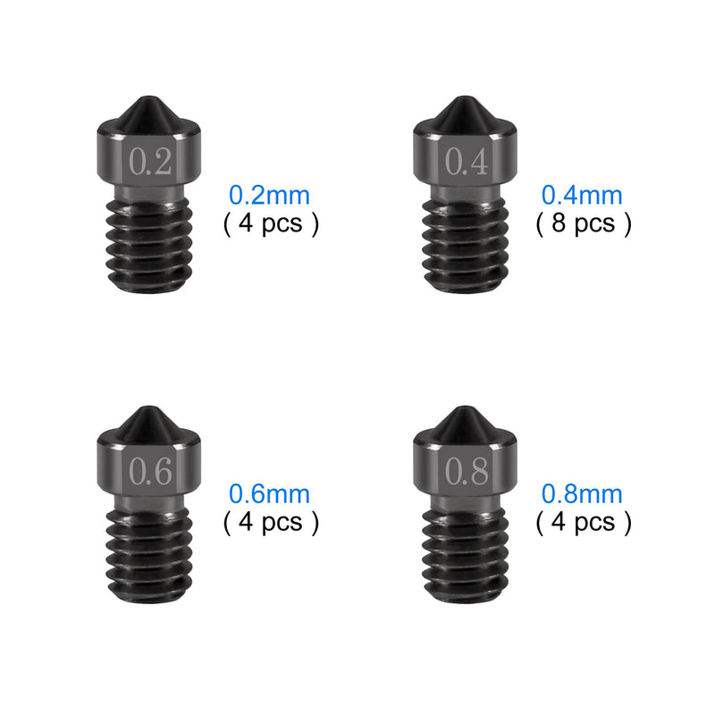 20PCS Hardened Steel Nozzle 0.2mm，0.4mm，0.6mm，0.8mm, Works with E3D V6 V5 Hotend Extruder Printer Ender3 E3D Hot End Titan Extruder Prusa i3 for 3D Printer 1.75mm Filament 20pcs Mix