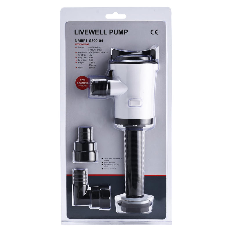 YaeMarine 12V DC 800 GPH Straight Baitwell Livewell Aerator Pump Live Bait Tank Aerator Livewell Pump Submersible Cartridge Boat Bilge Pump