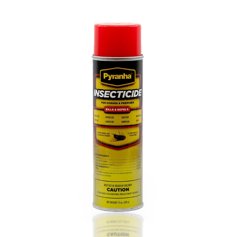 PYRANHA Insecticide Aerosol Fly Spray for Horses – 15 oz Oil-Based Spray with Citronella, Kills & Repels Flies, No-Shake Formula, Adds Show-Ready Shine