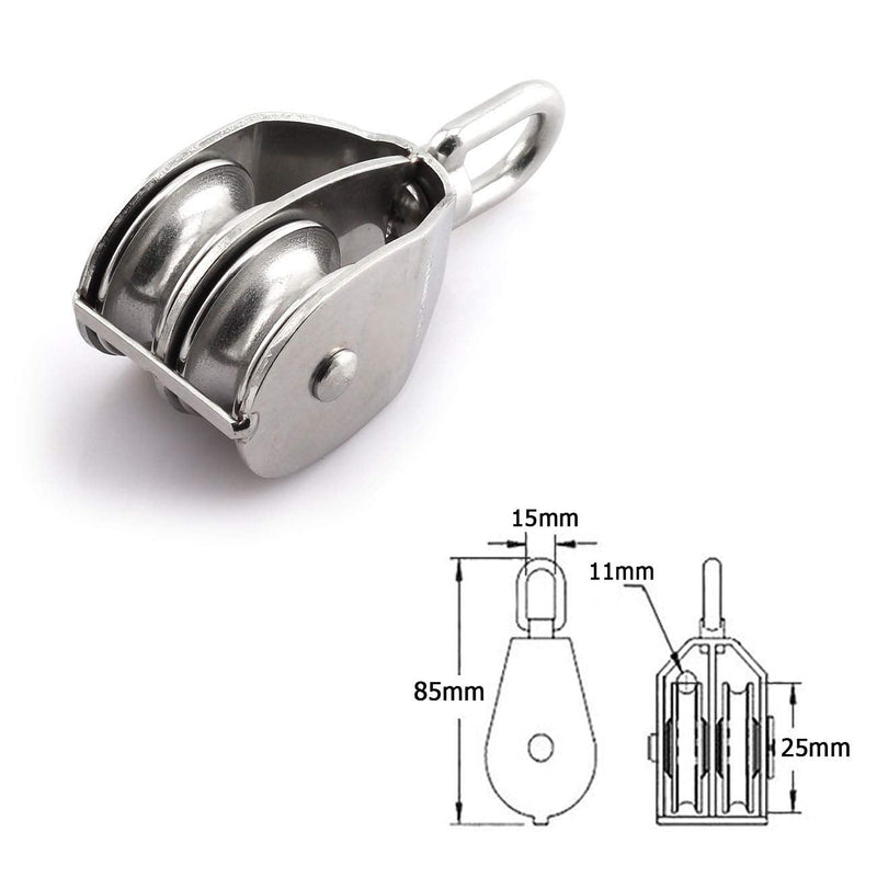 1-Pack M25 Double Pulley Block Stainless Steel Heavy Duty Hardware Double Wheel Swivel Rigging Lifting Wheel Fixed Pulley for Wire Rope Loading 150kg 1