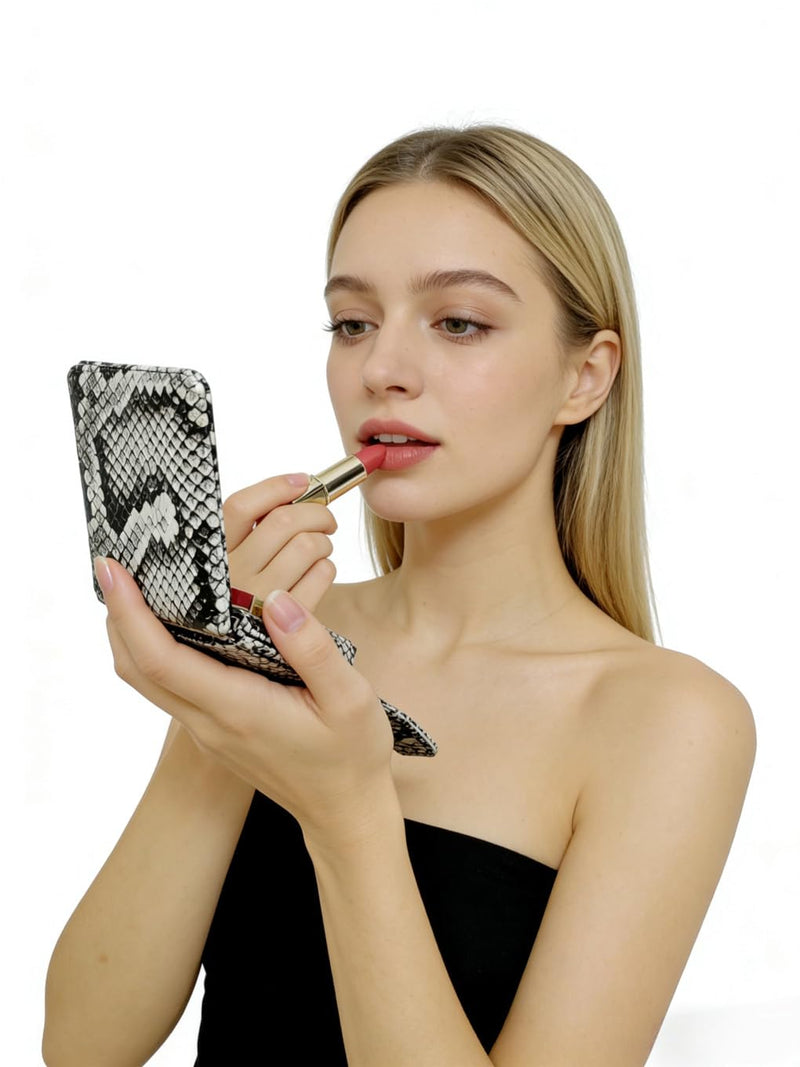 AgentMoon Luxury Handheld Lipstick Pouch with Mirror,Genuine Leather Lip Balm Case with Clamshell Magnetic Hidden Clasp,Exquisite Travel Makeup Lipstick Case. (Snake Skin Pattern) 10 - Snake Skin Pattern