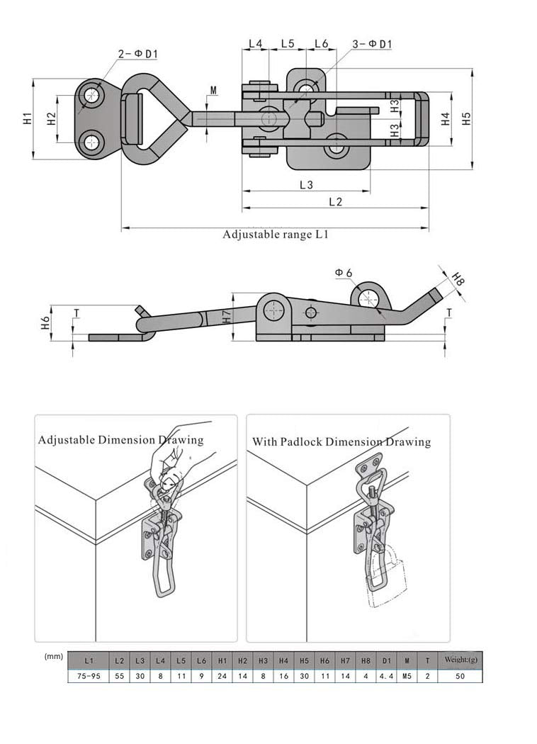 Adjustable Latch Buckle Cabinet Boxes Lever Handle Toggle Catch Latch Lock,Silver,Adjustable Range:75-95mm,2 Pcs 1S,Range:75-95mm