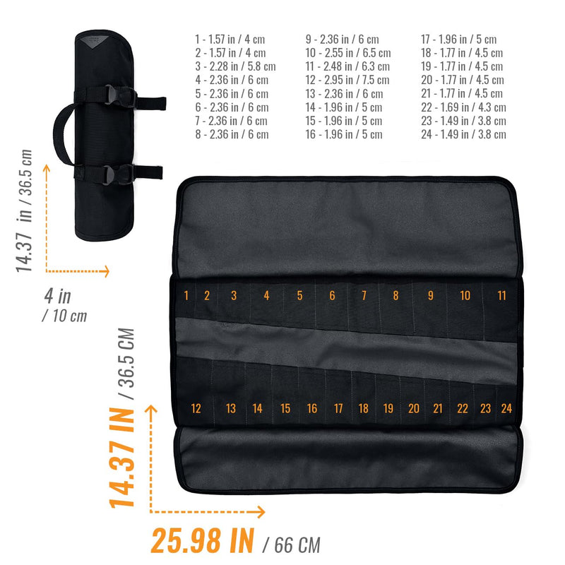 Under NY Sky Tool Roll Organizer, 24 Pockets, Oxford Canvas, Heavy-Duty Wrench Bag, Portable Hand Tool Pouch for Mechanics, Electricians, and Hand Tools - Black 24 Slots Black