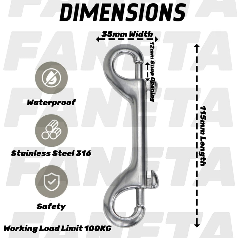 Double Ended Bolt Snap Hooks - Double Sided Trigger Snaps - Marine Scuba Diving Clips - Heavy Duty Stainless Steel 316 - for Dog Leash, Key Chain, Horse Tack, Feed Bucket - Set of 4 90mm