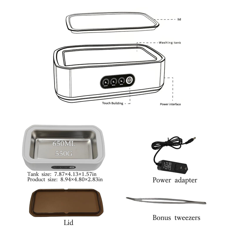 BeGrit 48KHz Ultrasonic Jewelry Cleaner, 3 Timer Modes, Stainless Steel Tank, White Cleaner with Lid & Tweezers for Rings, Glasses, Watch Bands