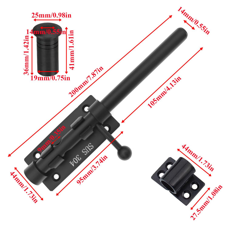 Slide Bolt Gate Latch Thickened Heavy Duty Door Latch Lock 304 Stainless Steel Barrel Bolt Lock Black Solid Gate Lock Door Latches Hardware with Screws and Dust Canister 8in 2pc