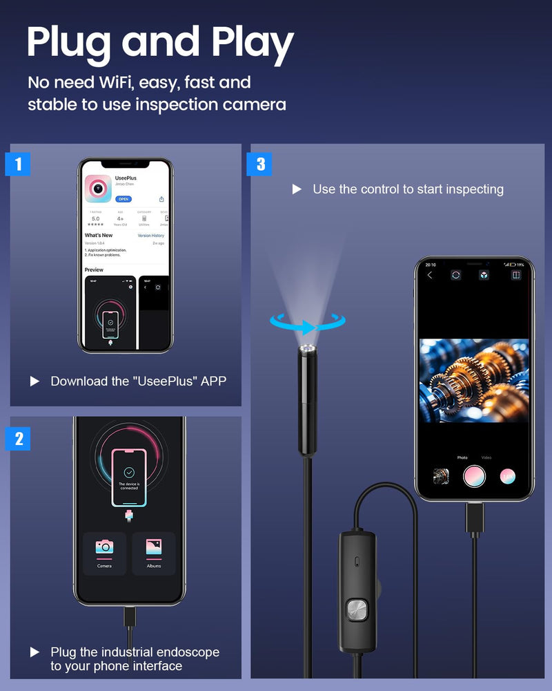 Endoscope Camera with Light, 1920P HD Borescope with 8 Adjustable LED Lights, Snake Camera with Semi-Rigid Cord, IP67 Waterproof Scope Tools for Pipe Inspection for iOS and Android,16.4ft Single Lens