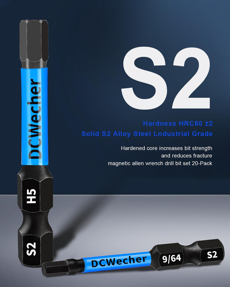 20 Pieces Allen Wrench Drill Bit Set (Metric & SAE) Hex Bit Set 2 In, Professional-Grade Impact Allen Key Drill Bit Set, Magnetic Hex Bits, S2 Steel Hex Head Drill Bit Set, 1/4 Hex-Shank Allen Bit Set Hex Bits 2 inch 20 Pieces (Metric & SAE)