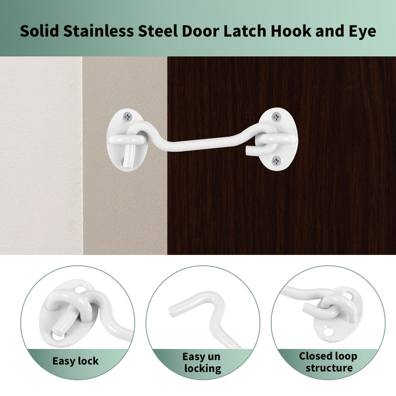 Barn Door Latch Hook and Eye Latch White, 2 Packs 4 Inch Heavy Duty Solid Stainless Steel Barn Door Hook Lock for Barn Doors, Sheds, Wooden Fences, Bathrooms, Doors, Windows (White) *White
