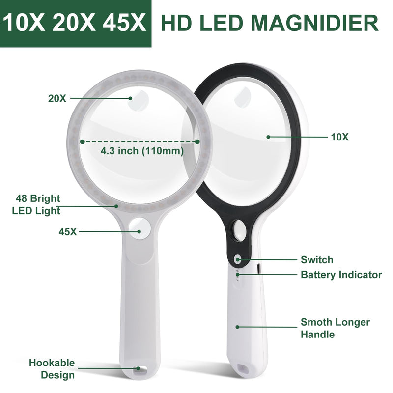 Magnifying Glass with 48 LED Light, 10X 20X 45X Handheld Illuminated Lighted Magnifier with 5 Light Modes Rechargeable Magnifying Glass for Seniors Reading Inspection (Black & White) White Handle