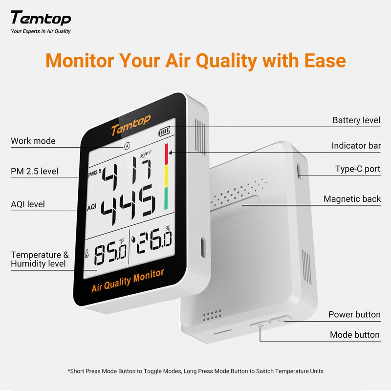 Temtop Air Quality Monitor Indoor Thermo-Hygrometer - PM2.5, AQI, Temperature, and Humidity Meter for Home, Office, or School, Air Quality Measurement, 60-Day Battery Life 2 Modes/Extended Standby 1 - NewNest Australia
