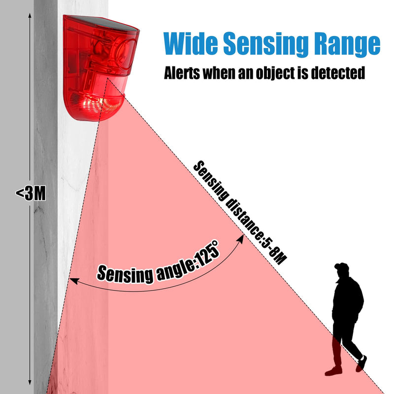 Qualirey 2 Pack Solar Sound and Light Alarm Motion Sensor 129db Outdoor Security Siren Waterproof Motion Activated Detector Alarm 6 LEDs Flash Warning Strobe System for Home, Farm (Red) Red
