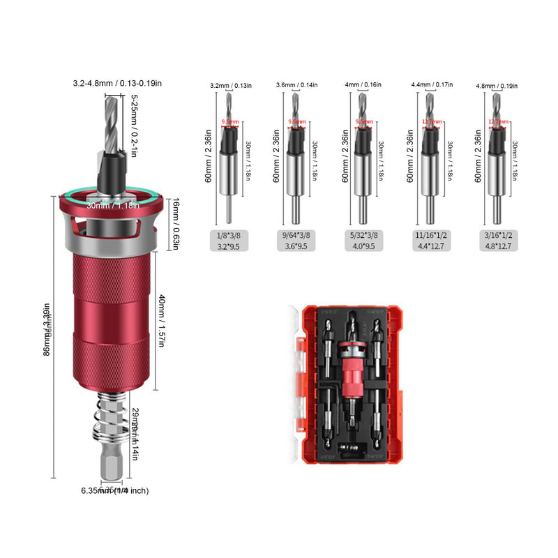 LICAEVEY Countersink Drill Bit Set, Semi Automatic Adjustable Depth Stop Drill Bit with 5 HSS M2 Bits & Hex Shank for Woodworking