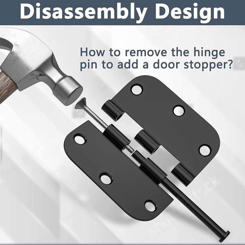 3 Pack Rounded Matte Black Door Hinges 3.5 x 3.5 inch with 5/8 Radius, Black 3 1/2 Interior Door Hinges, 3 ½"x 3 ½" Hardware 3 Pack Matte Black-5/8 Radius