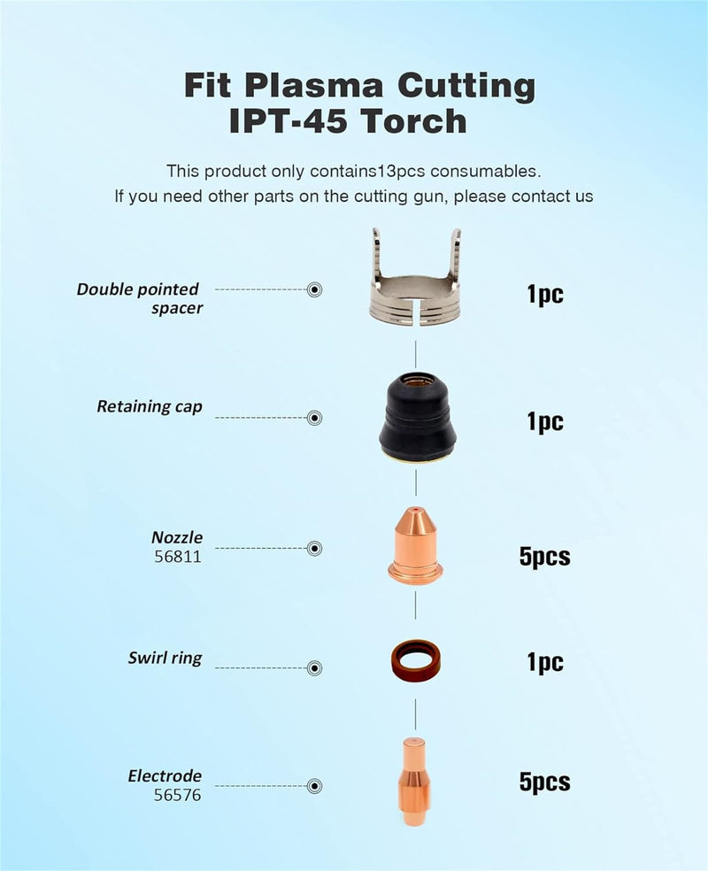 13Pcs Plasma Cutting Consumables Kit fit for Harbor Freight Titanium 45A Plasma Cutter, Nozzles and Electrodes 56811 Electrode 56576 Tip 56255,1279349948