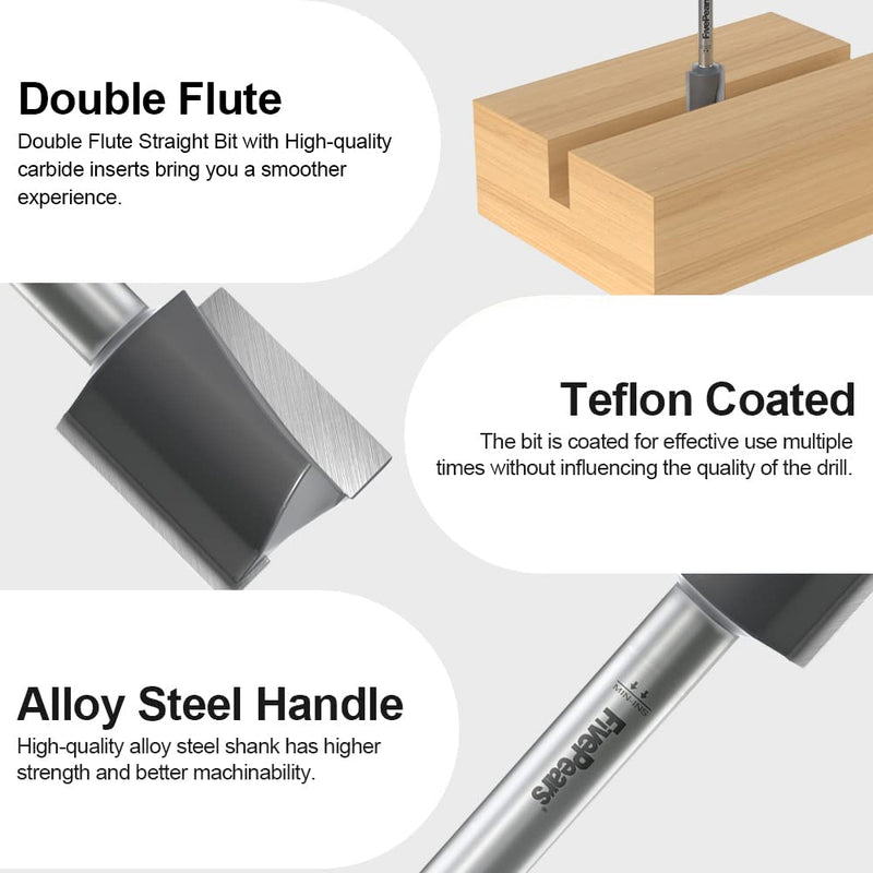 FivePears Straight Router Bits 1/4 Inch Shank Double Flute, 3/4 Inch Cutting Diameter, 3/4 Inch Cutting Length, Used for Create Groove, Dado or Hollow 3/4" Dia - 3/4" CL - 1/4" Shank