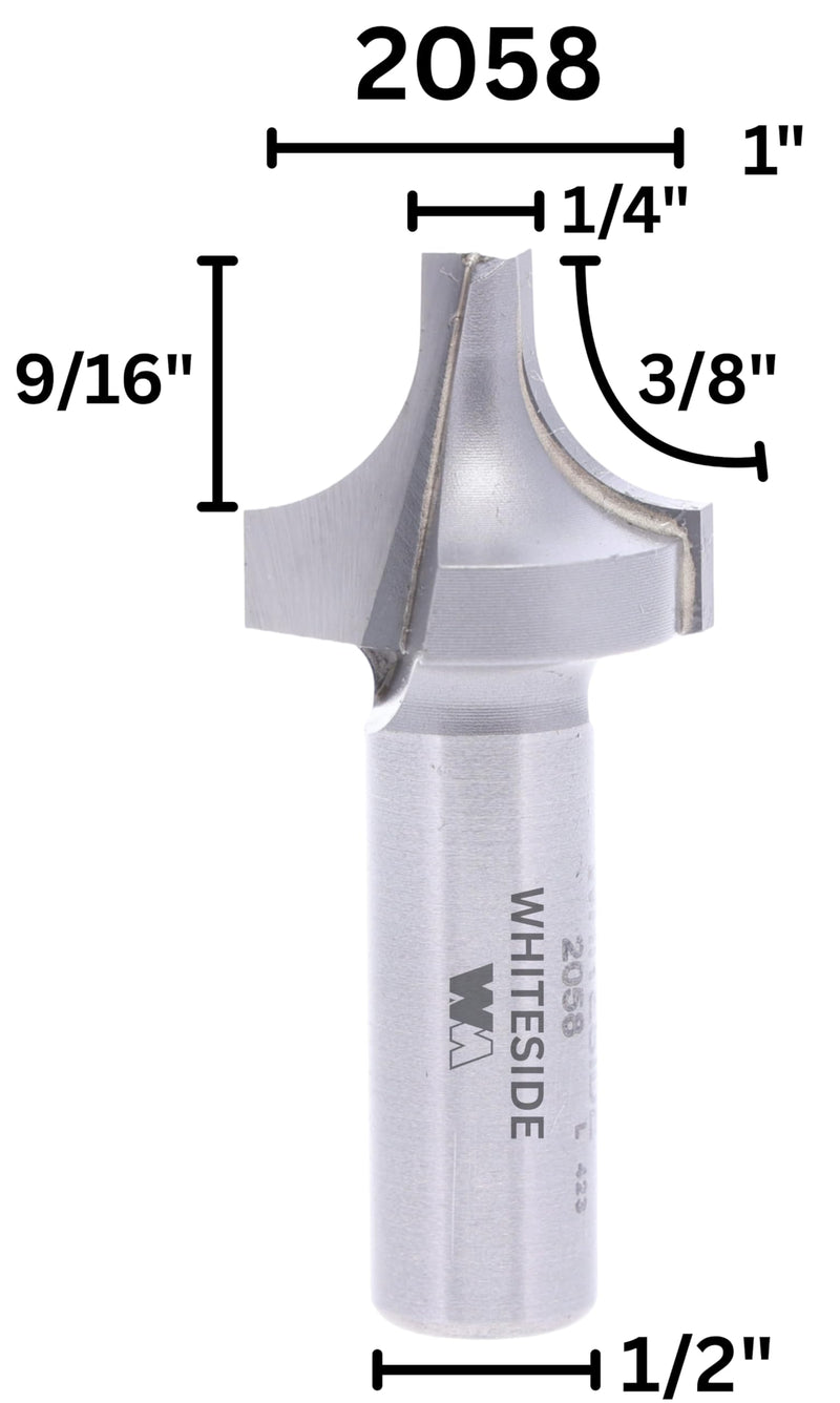Whiteside Router Bits 2058 Plunge Round Over Bit with Plunge Point 3/8-Inch Radius, 1-Inch Large Dia