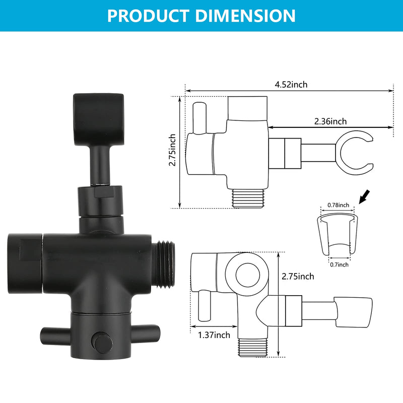 PDPBath Solid Brass 3 Way Shower Arm Diverter Valve with Handheld Holder for Dual Shower Heads with G1/2 Universal Connection - Matte Black