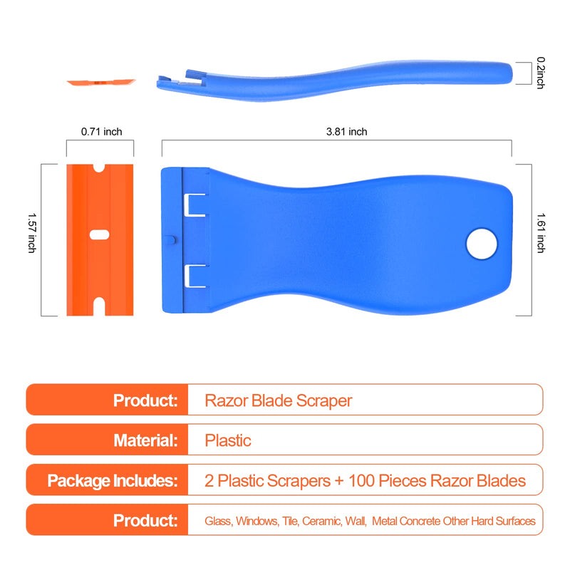 Plastic Razor Blades Scraper Tool - 2 Pack Wall Paint Remover with 100 Pcs Plastic Blades Kit No Scratch Car Window Glass Wood Sticker Removal Floor Stove Kitchen Vinyl Adhesive Decal Tape Cleanings Light blue