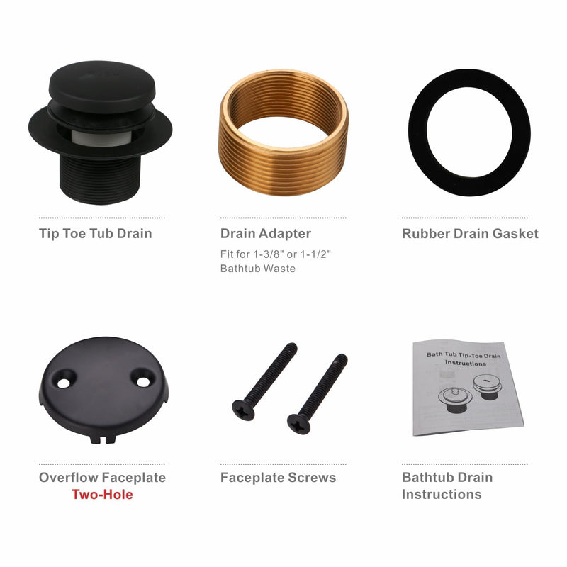 Black Bathtub Drain Tip Toe Tub Conversion Kit Assembly,Wellup Tub Drain Trim Kit with Two Hole Overflow Faceplate,Matte Black 2-Holes