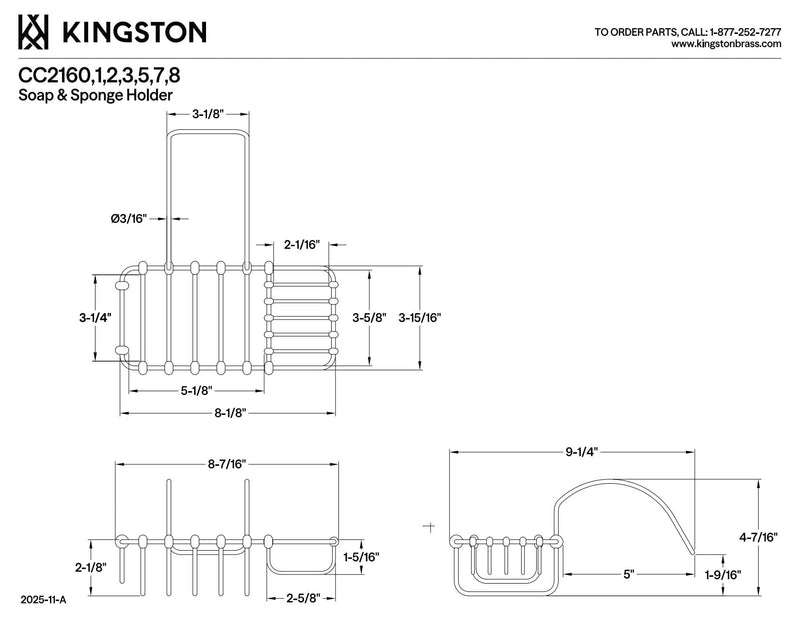 Kingston CC2168 Clawfoot Tub Rim Soap & Sponge Holder, Brushed Nickel