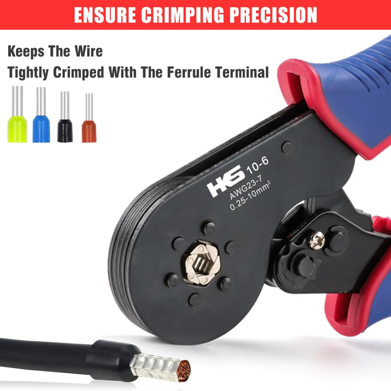HKS Ferrule Crimping Tool AWG 23-7, Hexagonal Ratchet Self-Adjusting Crimper for End-Sleeve Terminals Crimper 10-6