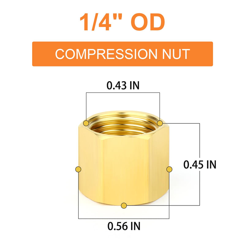 GASHER 20PCS Brass 1/4" Compression Fitting, Brass Compression Nut 1/4" OD(Compression Nut) 20