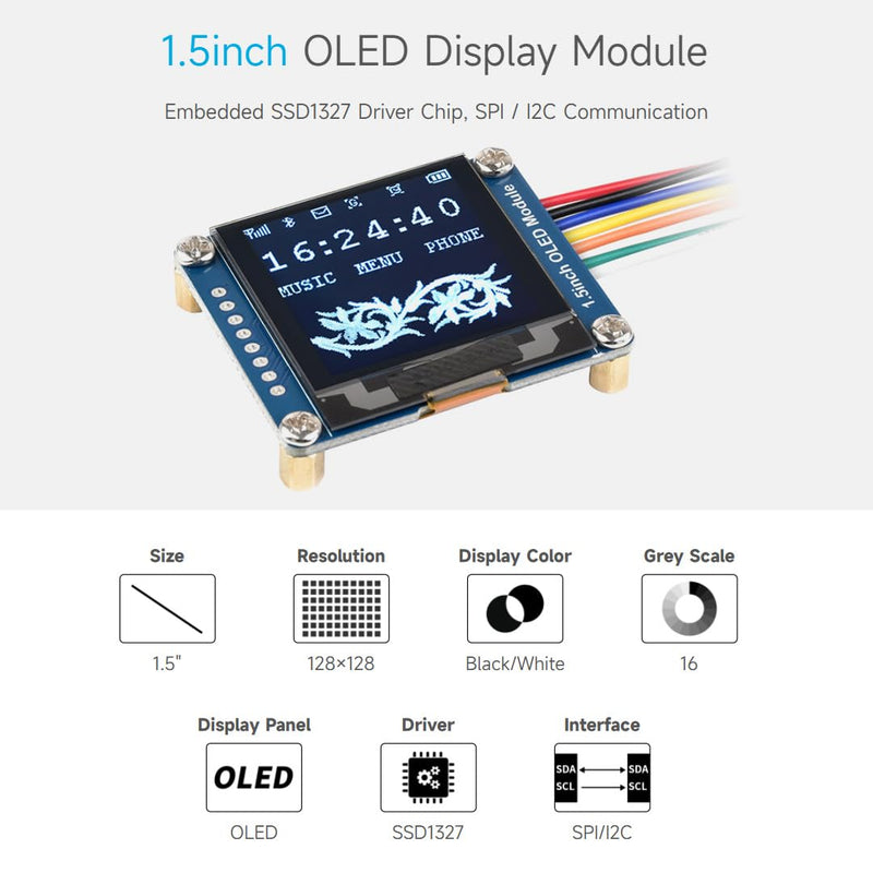 Waveshare 1.5inch OLED Display Module 128x128 Pixels 16-bit Grey Level with Embedded Controller Communicating via SPI or I2C Interface. 1.5inch OLED Module